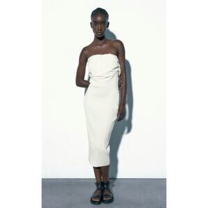 Zara White Bodycon ribbed tube dress with draped chest size small